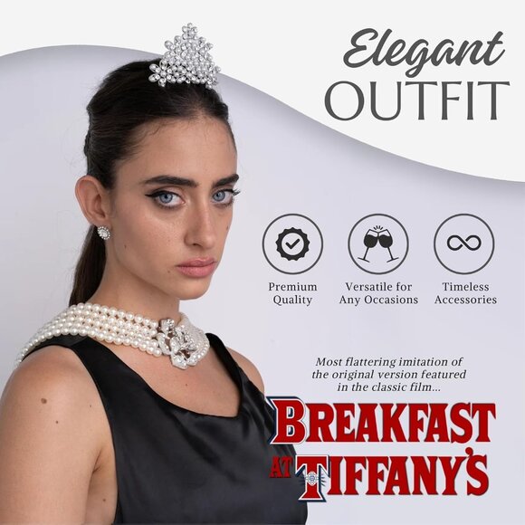 Audrey Hepburn Inspired 5-Piece Costume Jewelry Set with Necklace, Tiara, Earrin - Picture 4 of 6